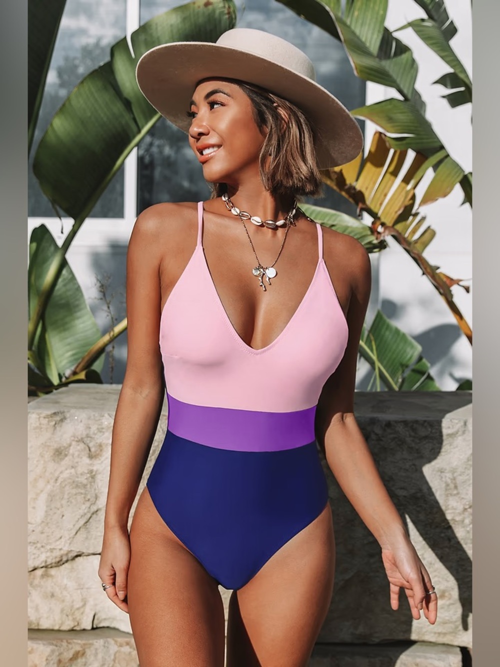CUPSHE Colorblock One Piece Swimsuit Pink Purple Blue Size L NWT